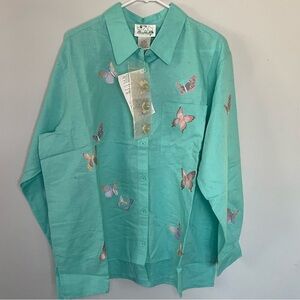 The Quacker Factory Teal Butterfly Embroidered Button Up Shirt Button Covers NWT